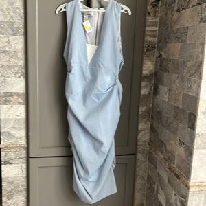 Sara Campbell Light Blue and White Striped Midi Dress